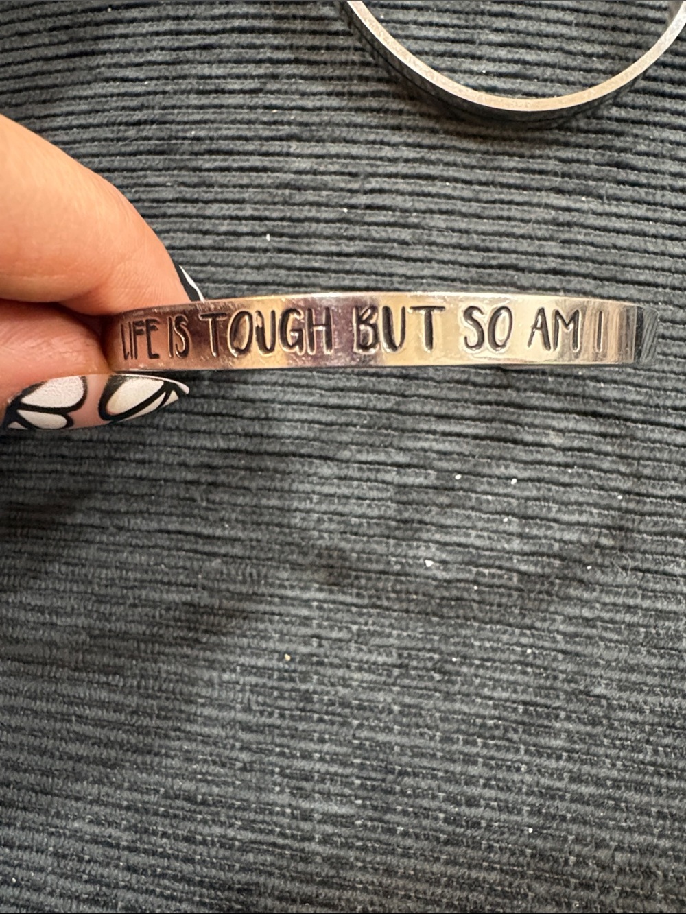 19-Inspirational Silver Tone Cuff Bracelet - "Life Is Tough But So Am I"